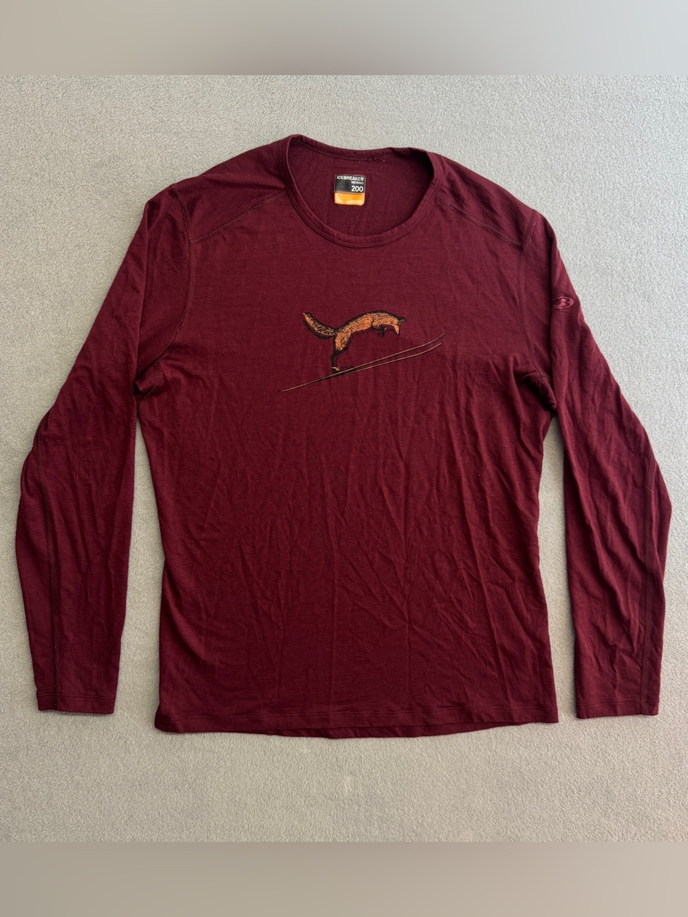 Icebreaker Long Sleeve Merino Tee in Burgundy with Fox Motif